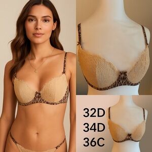 Victoria’s Secret Dream Angels Bra 32D 34D 36C NWOT Lace Leopard Unlined Nude